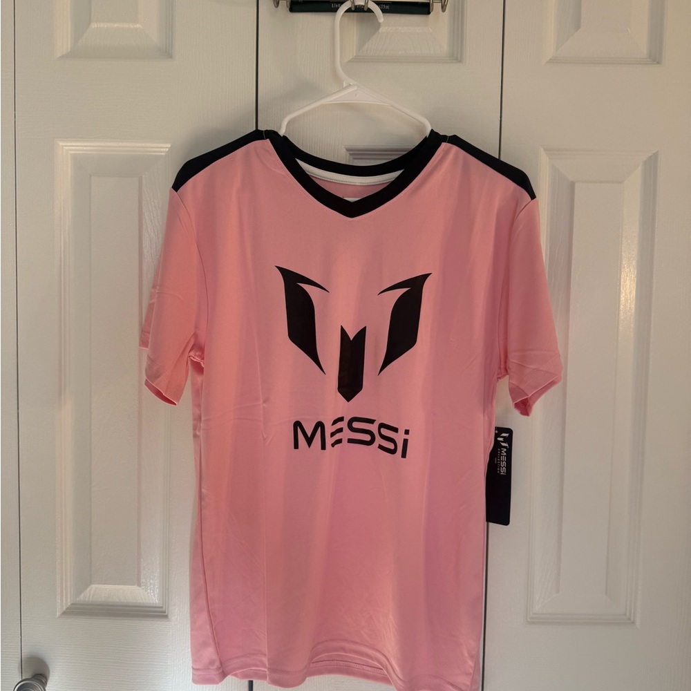 Messi Kids Pink Soccer Jersey with Black Trim